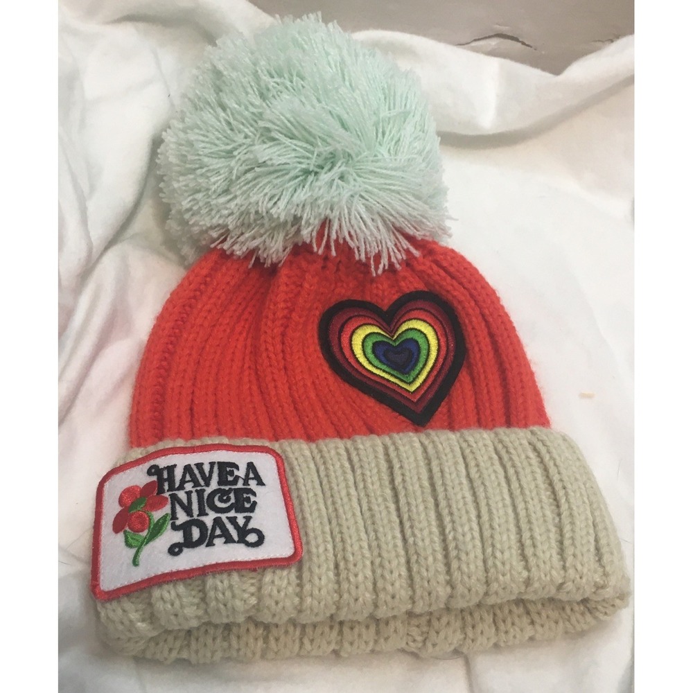 Free People Pom Pom Cozy Up Knit Retro Have a Nice Day, Heart  Hat One Size